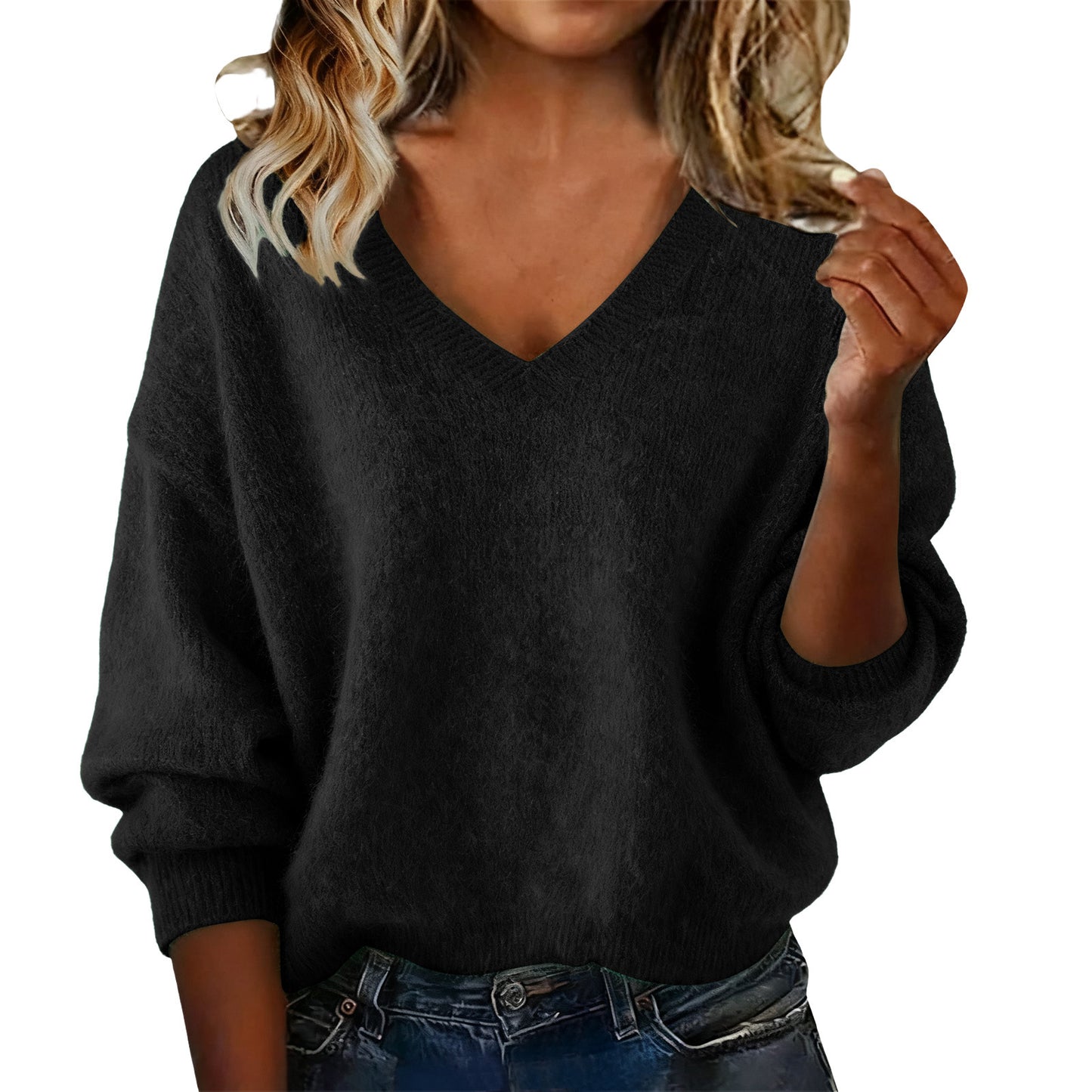 New Fashion Loose Solid Color V-neck Sweater Women