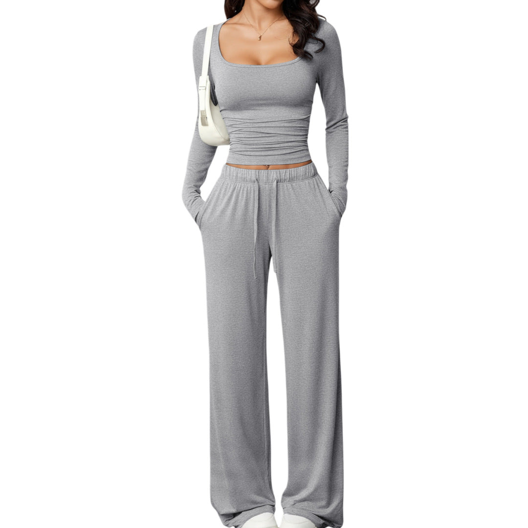 Womens Casual Pants And Square Neck Long Sleeve Cropped Top Set