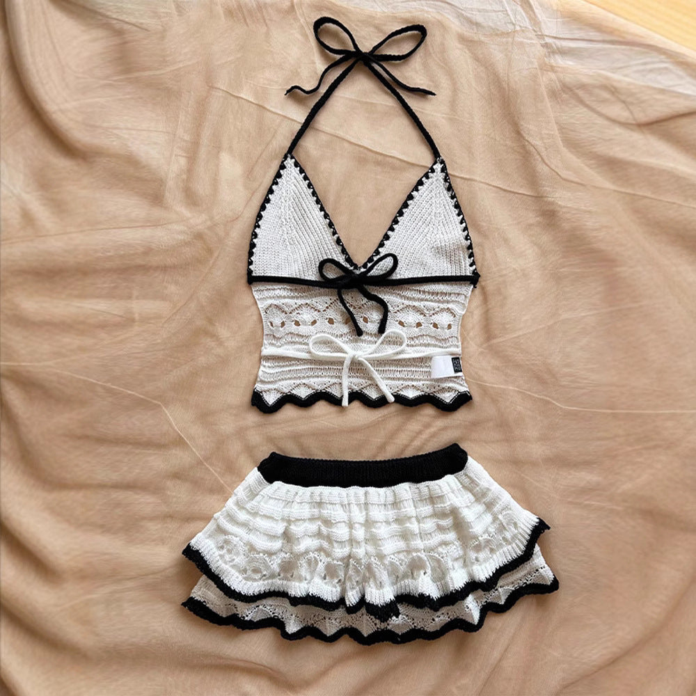 Knitted Backless Hollow-Out Halter Top And Skirt Set