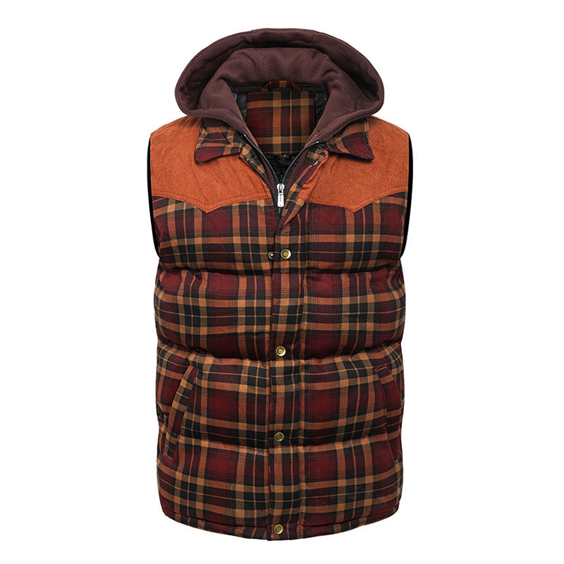 Hooded Cotton Jacket Vest Scottish Style Plaid Vest