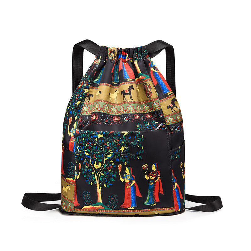 Printed Nylon Large Capacity Foldable Storage Bag Fitness Backpack