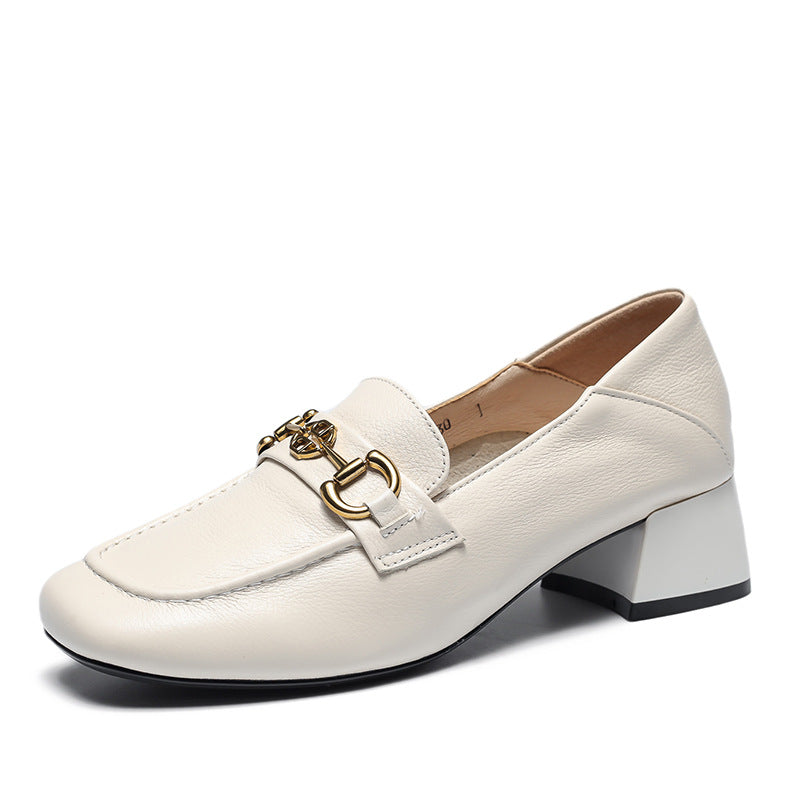 Horsebit Loafer Women's Leather Mid-heel Square Toe Women's Shoes