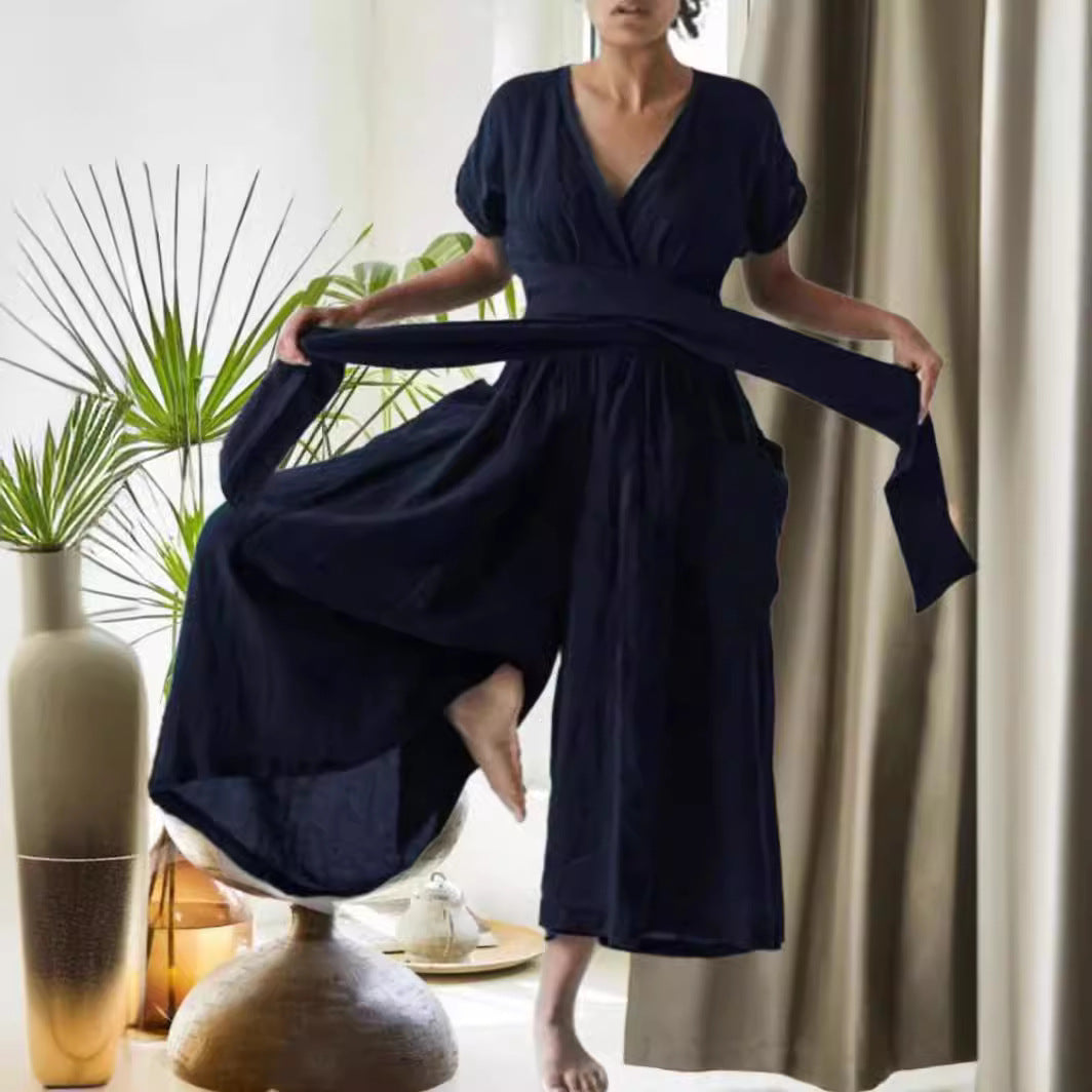V-neck Short Sleeve Solid Color Loose Casual Jumpsuit