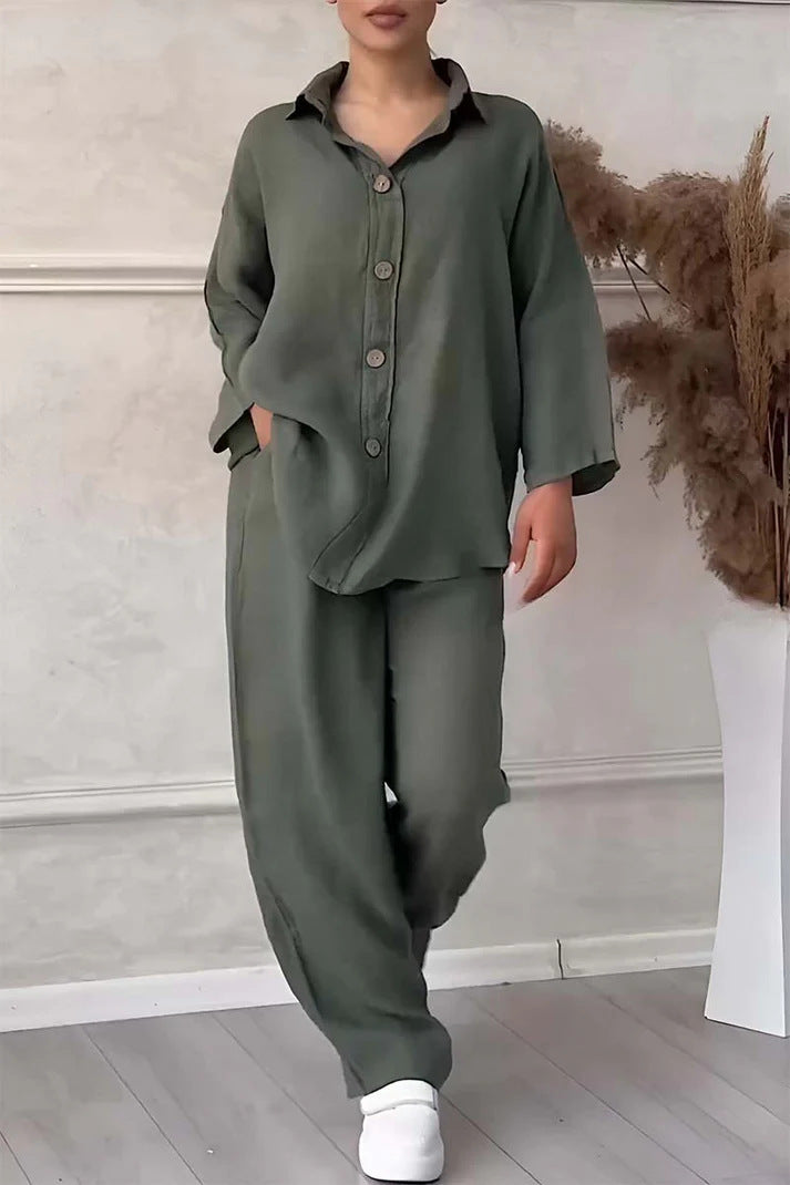 Cotton And Linen Shirt Outfit High Waist Loose Trousers