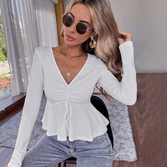 Dame V-hals flæset peplum talje-fremhævende strikket langærmet crop top