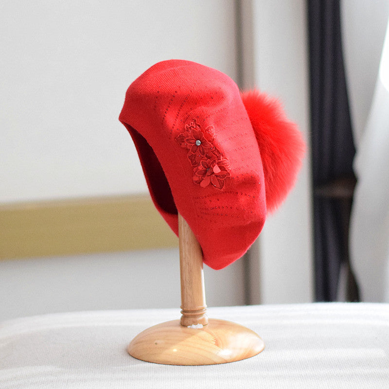 New Wool Double-layer Rhinestone Flower Knitted Beret Women's