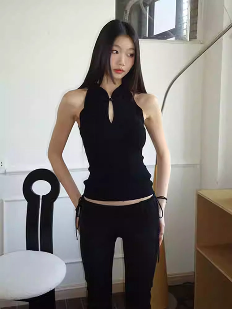 Stand Collar Retro Buckle Black Knitted Vest Women's Short Sleeveless Top