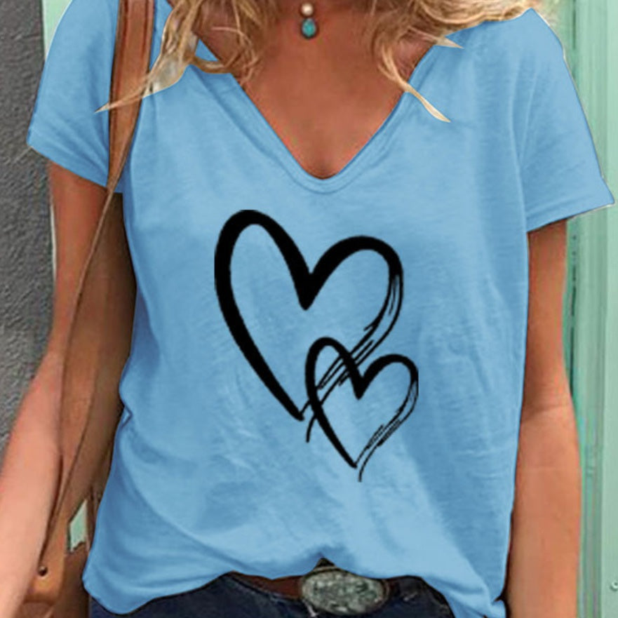 V-neck Loose Casual Heart Printing T-shirt