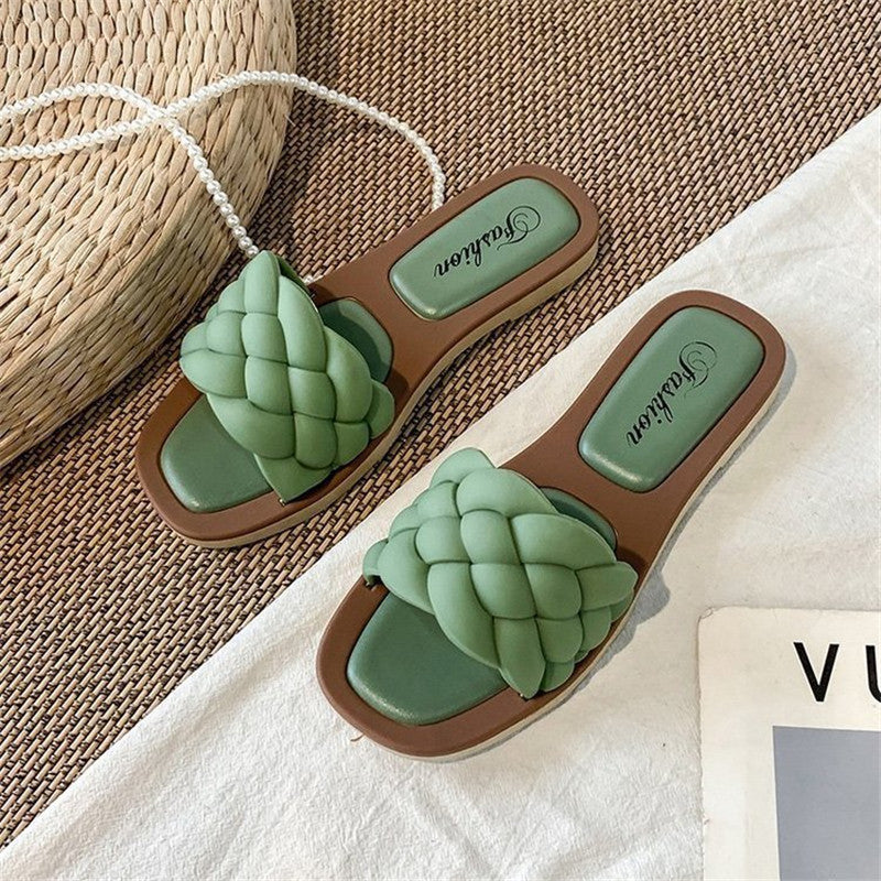 Flat Square Toe Fake Woven Korean Sandals