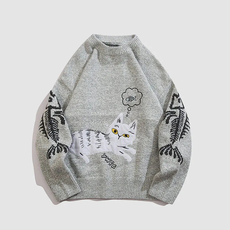 Cartoon Cat Couple Round Neck Long Sleeve Knitwear Sweater