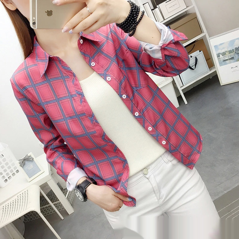 Casual Slimming Women's Long Sleeve Plaid Shirt