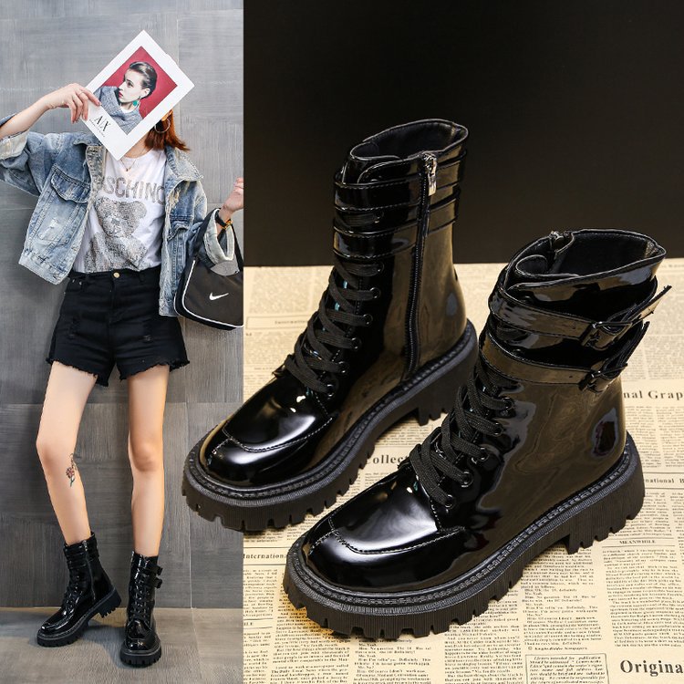 Women's Patent Leather Mid-tube Boots With Increased Heels