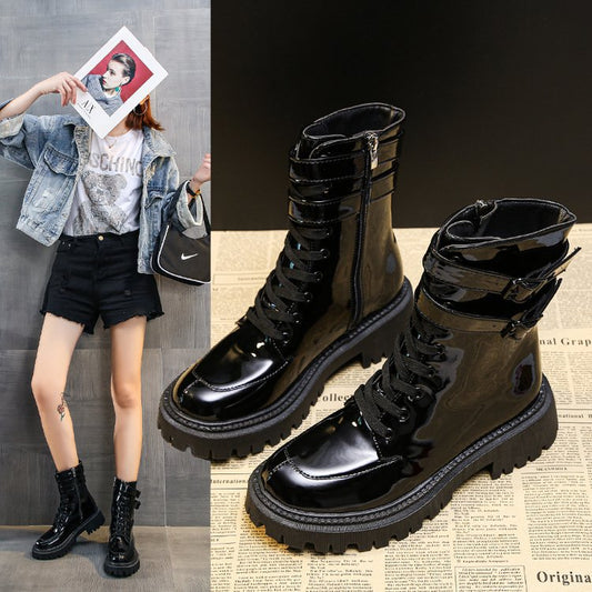 Women's Patent Leather Mid-tube Boots With Increased Heels