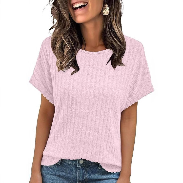 Solid Color Round Neck Sunken Stripe Casual Short-sleeved T-shirt For Women