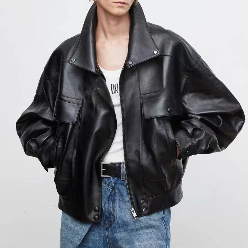 Ny kort casual jakke i fåreskind med løs retro-pasform