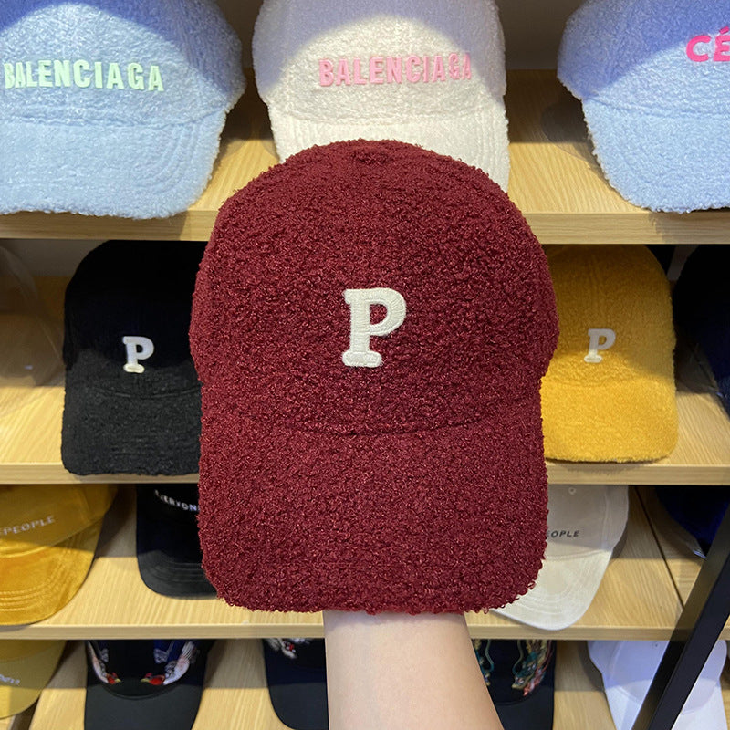 Lamb Hair Letter P Baseball Hat Female