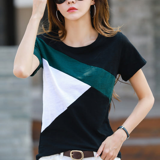 Loose Half-sleeve Base Contrast Color Casual Top Clothes