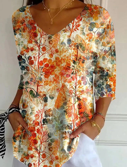 Women's Stylish V-Neck Long Sleeve Plant Print Top