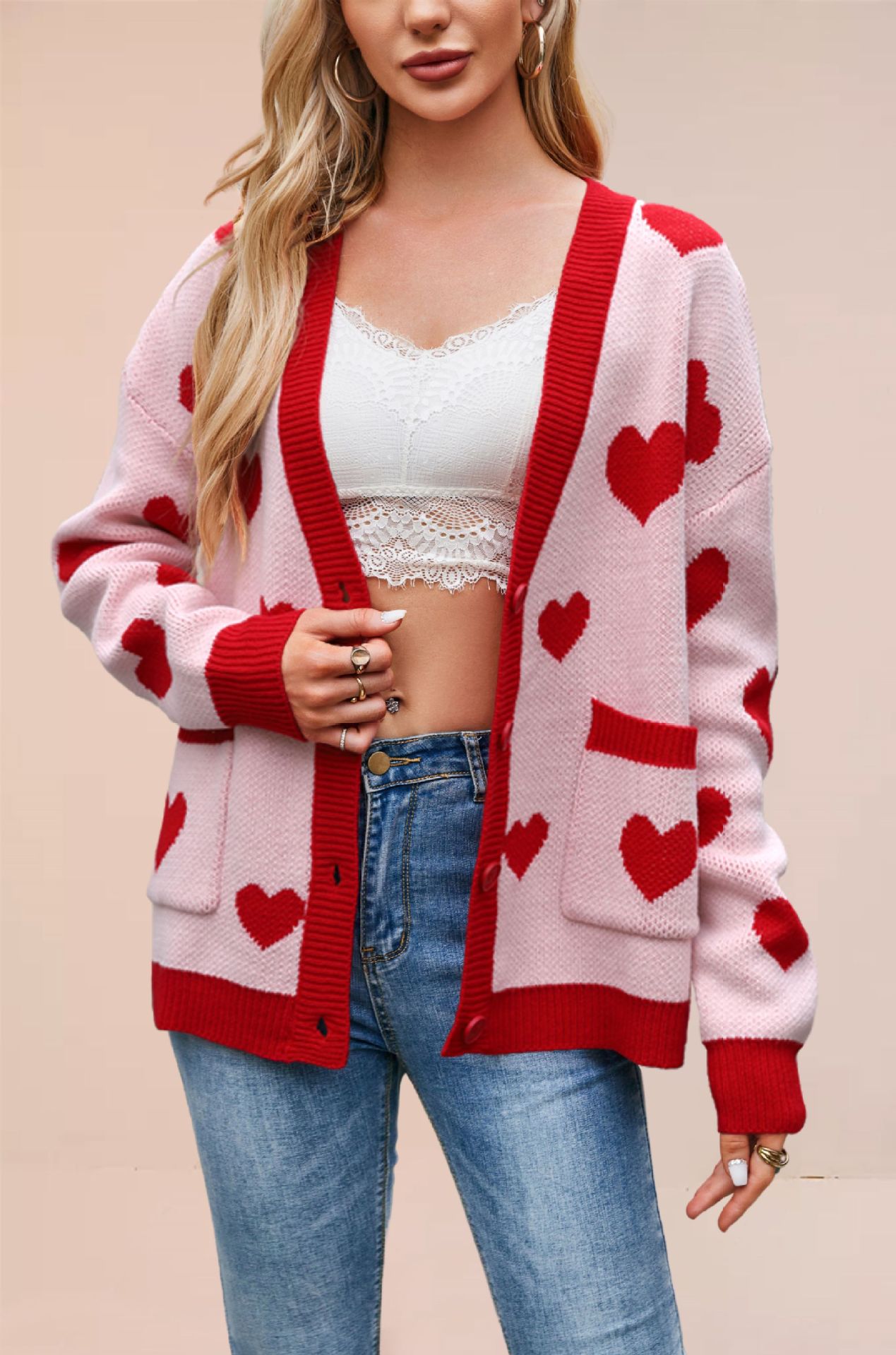 Heart Peach Knitted Cardigan Pocket V-neck Common Style Coat