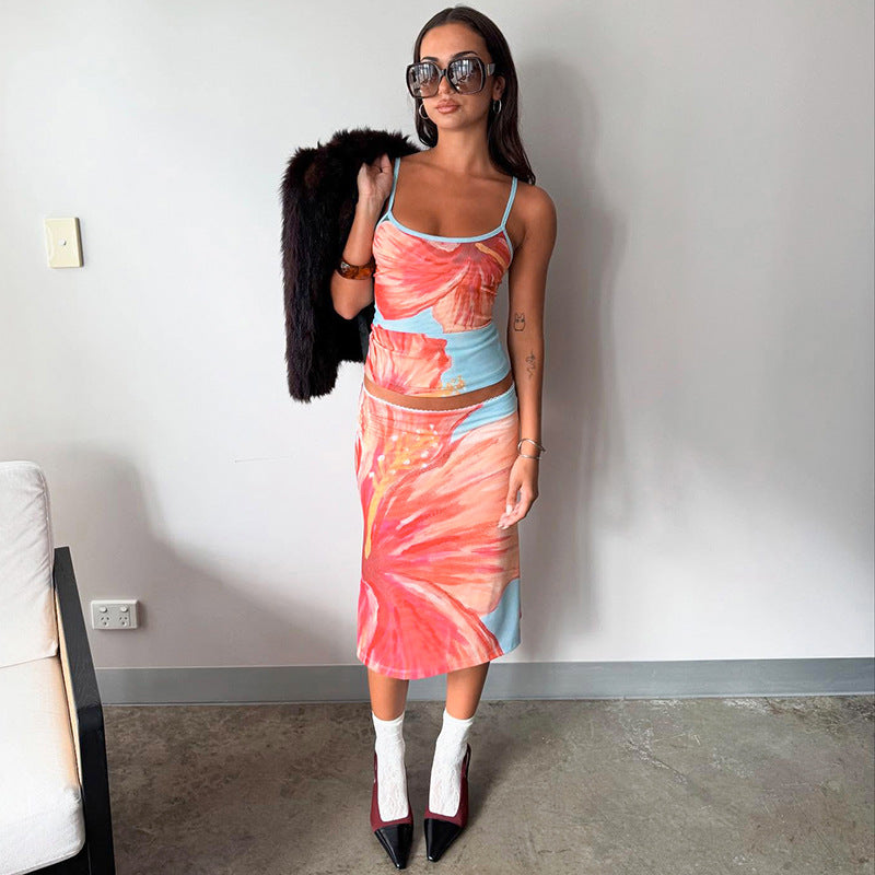 Ruffled Floral Print Sleeveless Camisole And Mid-Length Skirt Casual Set