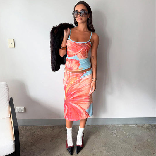 Ruffled Floral Print Sleeveless Camisole And Mid-Length Skirt Casual Set