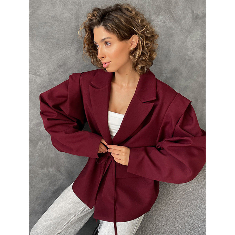 Women's Loose Fashion Polo Collar Tie-front Top