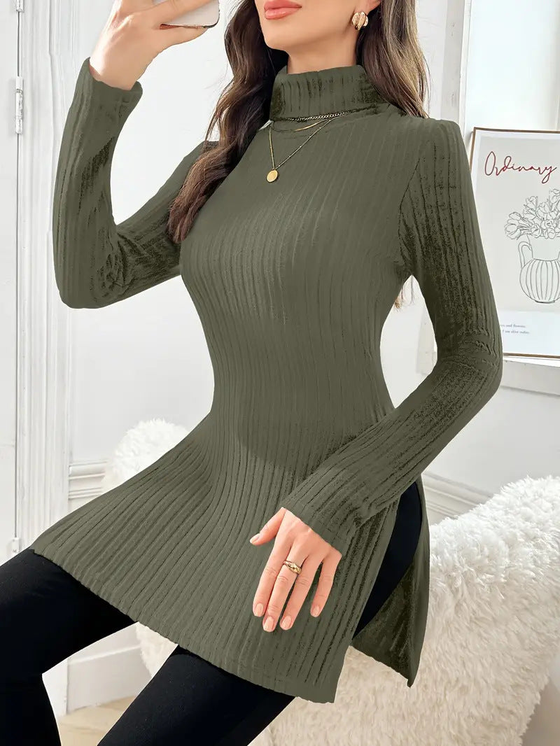 Plus Size Women's Turtleneck Pullover Side Slit Mid-length Sweater