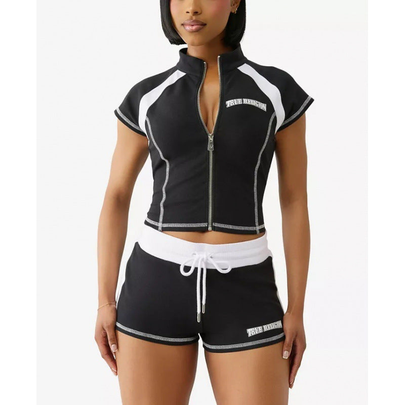Womens Zip-Up Cardigan Slim-Fit Casual Sport Short-Sleeve Top And Pants Set