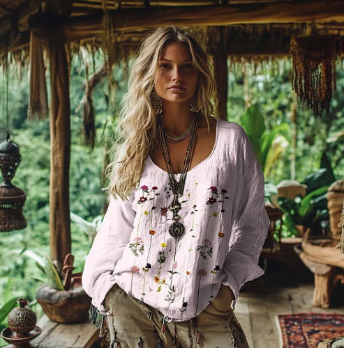 Women's Retro Bohemian Print Cotton And Linen Blend Loose Blouse