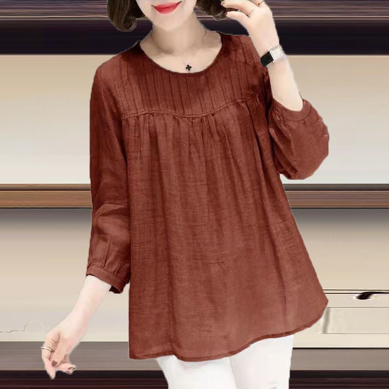 Cotton Round Collar Nine Quarter Sleeve Cotton Linen Shirt Women