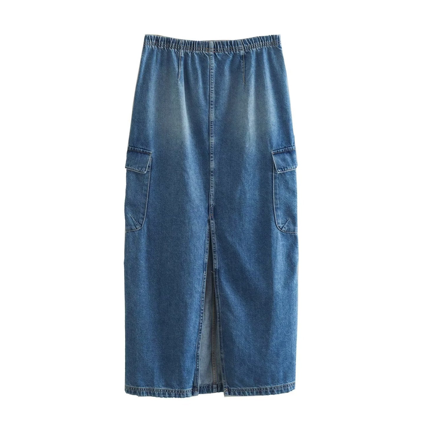 V-neck Sleeveless Vest Elastic High Waist Slit Skirt Denim Suit