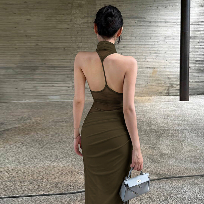 Backless Pleated Figure-flattering Halter Maxi Dress