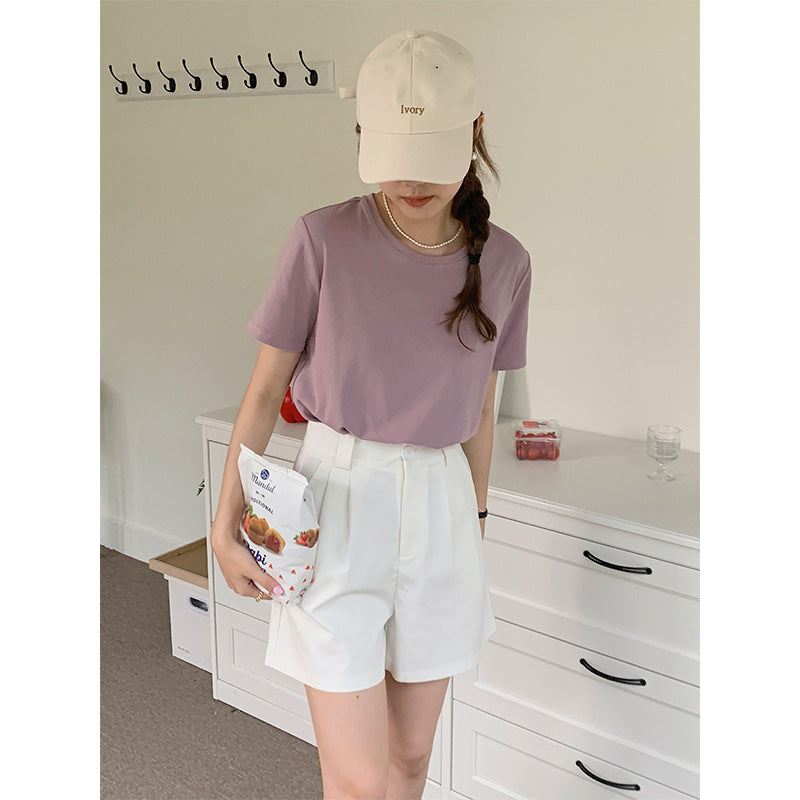 Women's Solid Color Round Neck Loose And Slim Short Sleeve T-shirt