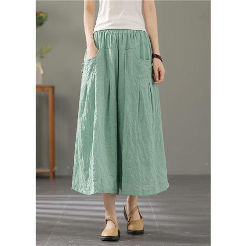 Retro Buckle Casual Thin Cotton And Linen Cropped Wide-leg Pants For Women
