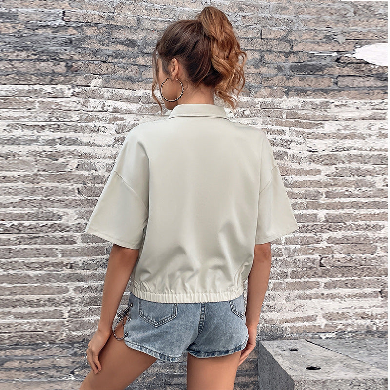 Summer New Short-sleeved Jacket Lapel Pullover Loose Net Red Short Women's Top