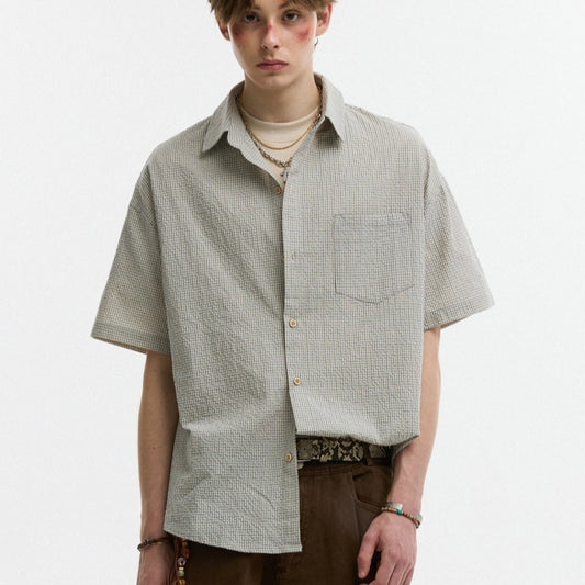 Seersucker Lapel Plaid Shirt Summer Casual Loose