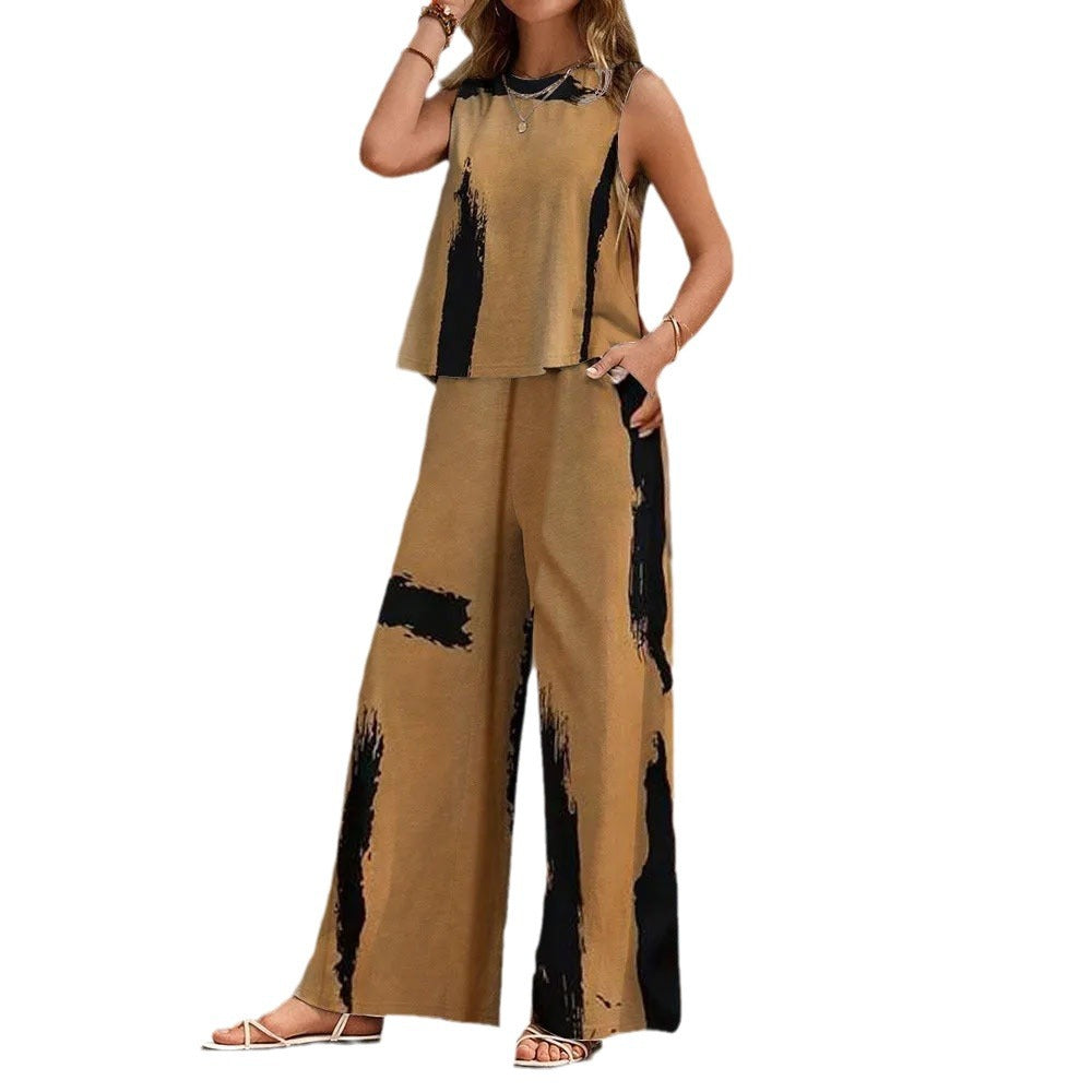 Womens Round-Neck Striped Printed Topless Top And Pants Two-Piece Set