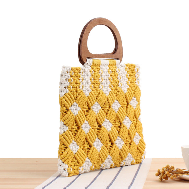 Female  Wood Plaid Straw Lace Portable Leisure Hand Carry Cotton Rope Braided Bag