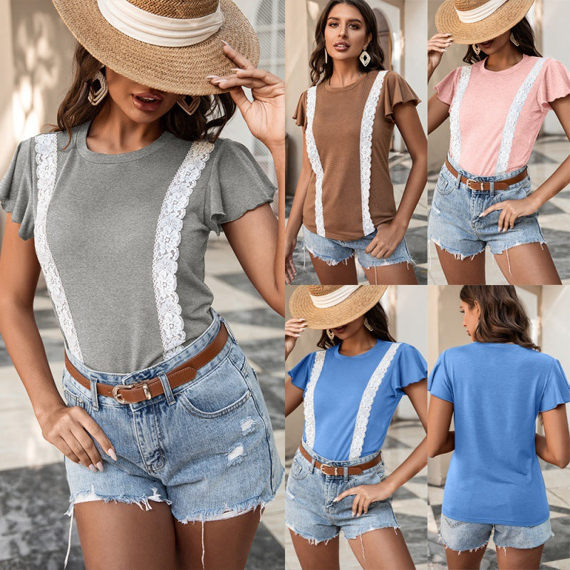 European And American Women's Solid Color Stitching Lace Lace Ruffled Short-sleeved T-shirt