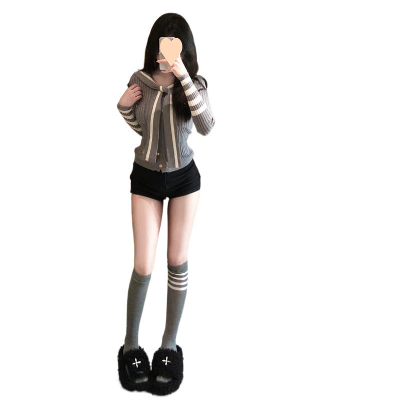 Striped Knit Top And Black High-waisted Short Pants Set For Women
