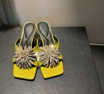 Spring-Summer Fashion Firework Rhinestone Chain High-End Design Influencer Outdoor Wear Non-Slip Square Toe High Heel Sandals