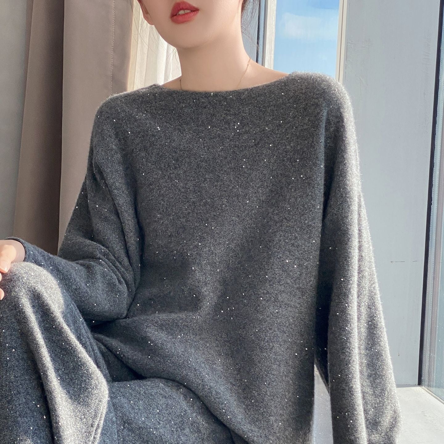 Dame Turtleneck Sweater Moderigtigt To-delt Sæt Med Tykke Bukser