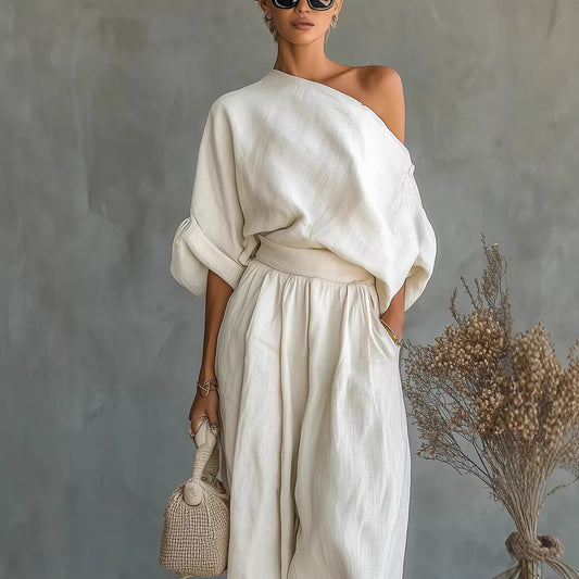 Womens Solid-Color Elegant Off-Shoulder Top And Pants Loose Two-Piece Set