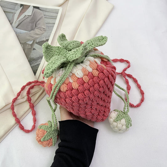 One-shoulder Crossbody Knitted Cartoon Strawberry Bucket Bag