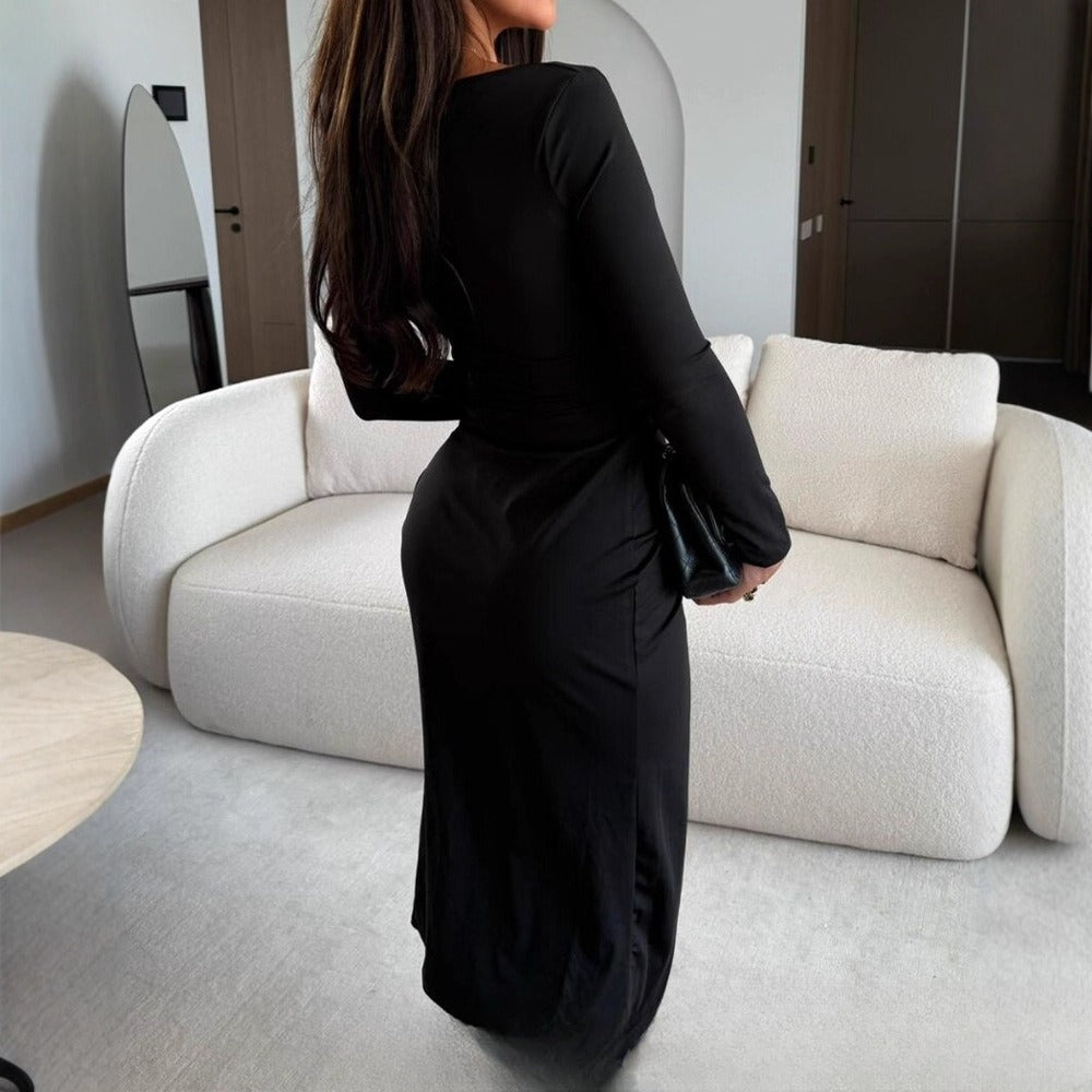 Coffee-colored Long-sleeved Slit Mid-length Bodycon Dress