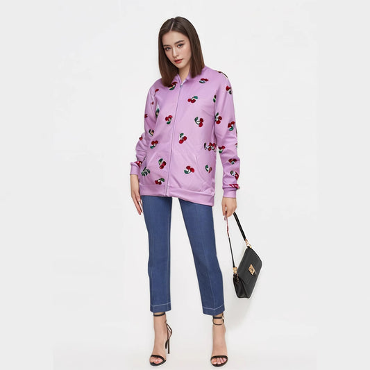 Cherry Print Sweater Coat For Women