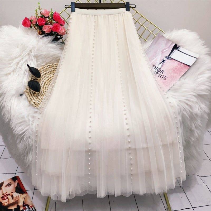 Pleated Mesh Skirt Women's Mid-length High Waist Long Skirt