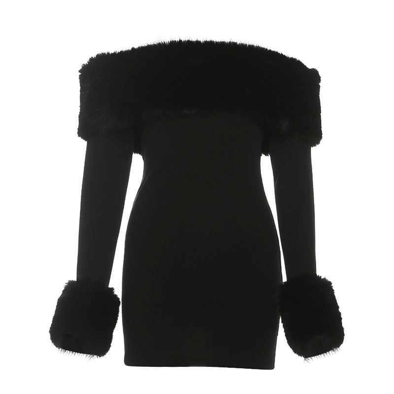 Christmas Slimming Look Color Block Patchwork Plush Off The Shoulder Bodycon Dress
