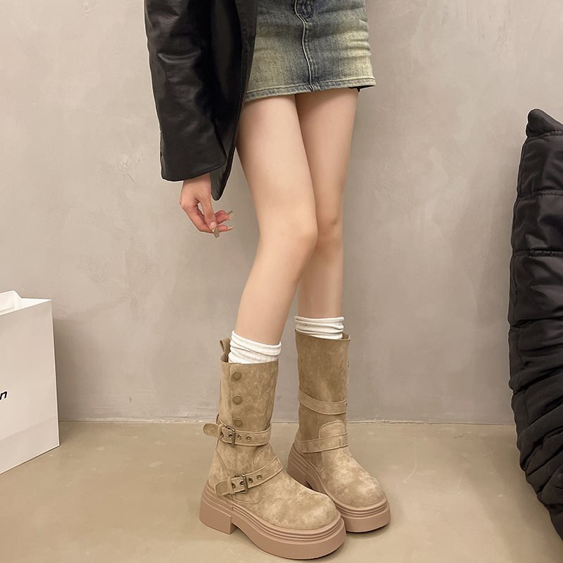 Womens Matte Boots In British Style With Thick Soles