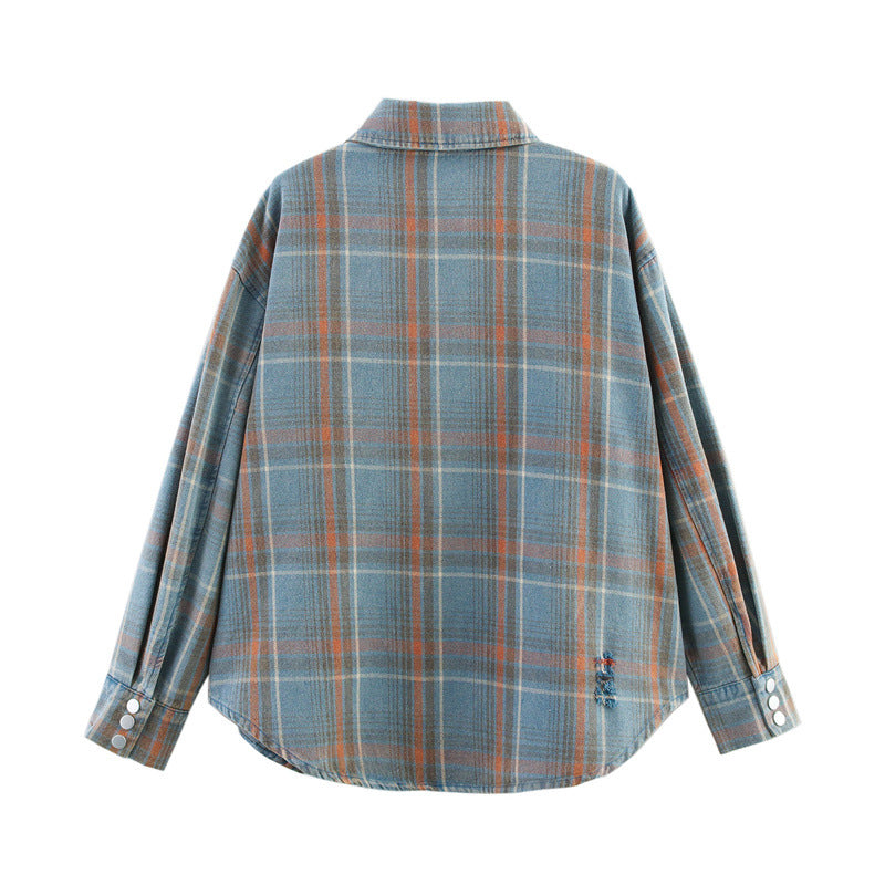 Washed Hand Frayed Blue Plaid Shirt Coat
